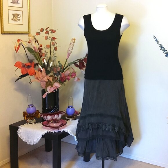 NWT Women Olive Green 3-Layers of Tiered Ruffle Lace Design Midi Skirts L 12 - Picture 13 of 15